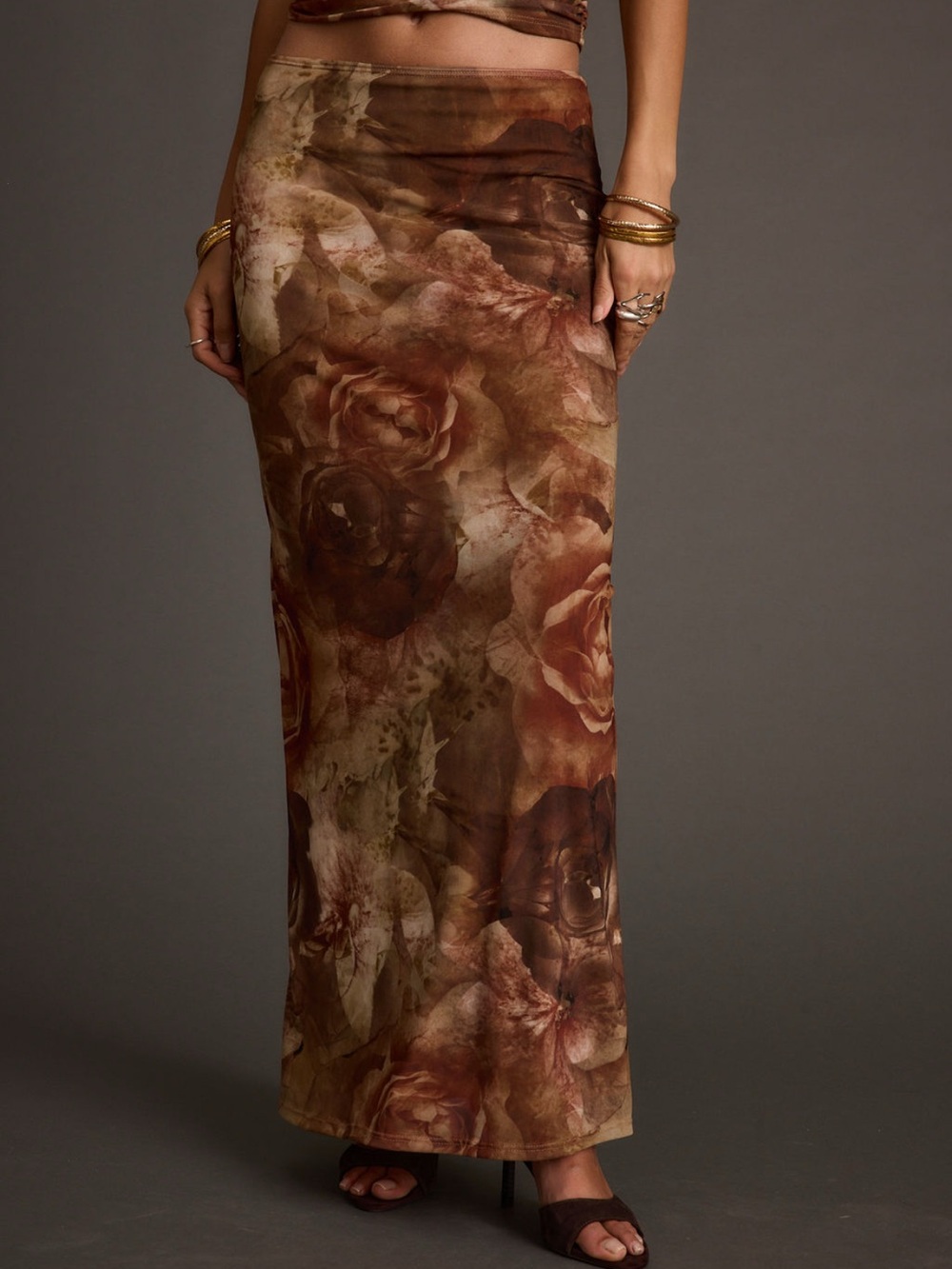12th Tribe Floral Maxi Skirt - Brown, Tan